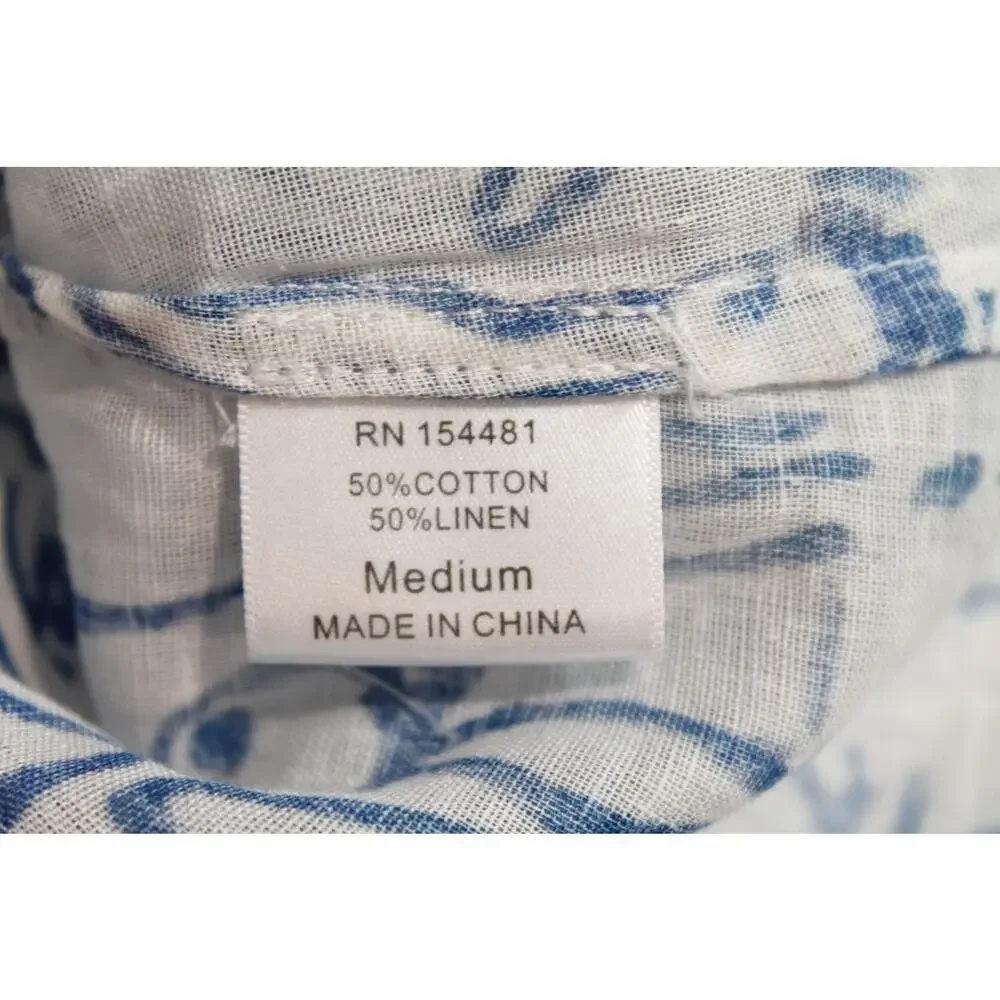 Jean-Pierre Klifa Top Womens White Blue Bunny Print Linen Blend Button Up Casual - Picture 6 of 9